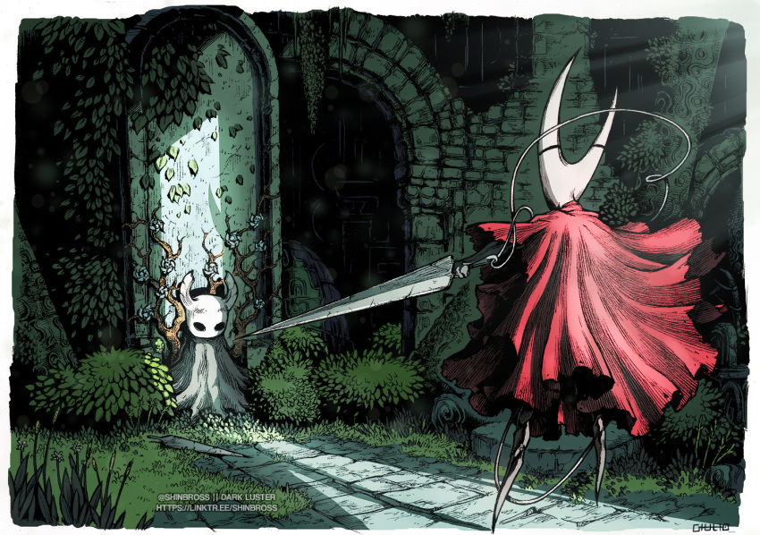 border branch bush cloak crack cracked_wall flower gender_request grey_cloak hatching_(texture) holding holding_weapon hollow_knight hornet_(hollow_knight) knight_(hollow_knight) leaf light_particles light_rays plant red_cloak shinbross signature standing torn torn_cloak torn_clothes watermark weapon white_flower
