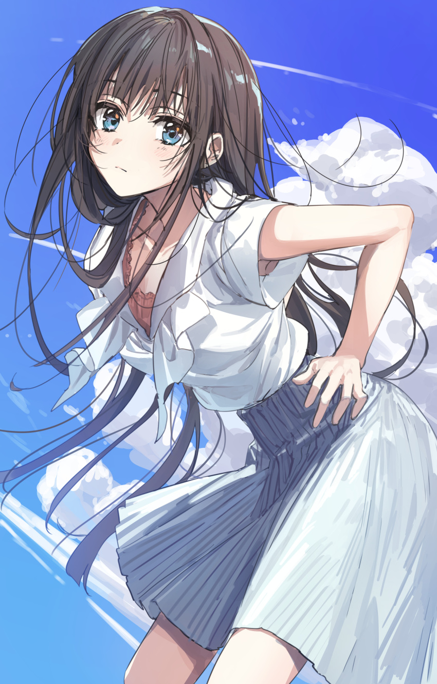 1girl absurdres bangs bare_arms black_hair blue_eyes blue_skirt closed_mouth clouds condensation_trail day hand_on_hip highres leaning_forward long_hair looking_at_viewer original outdoors shirt shirt_tucked_in short_sleeves skirt solo striped vertical-striped_skirt vertical_stripes wattaro white_shirt wind