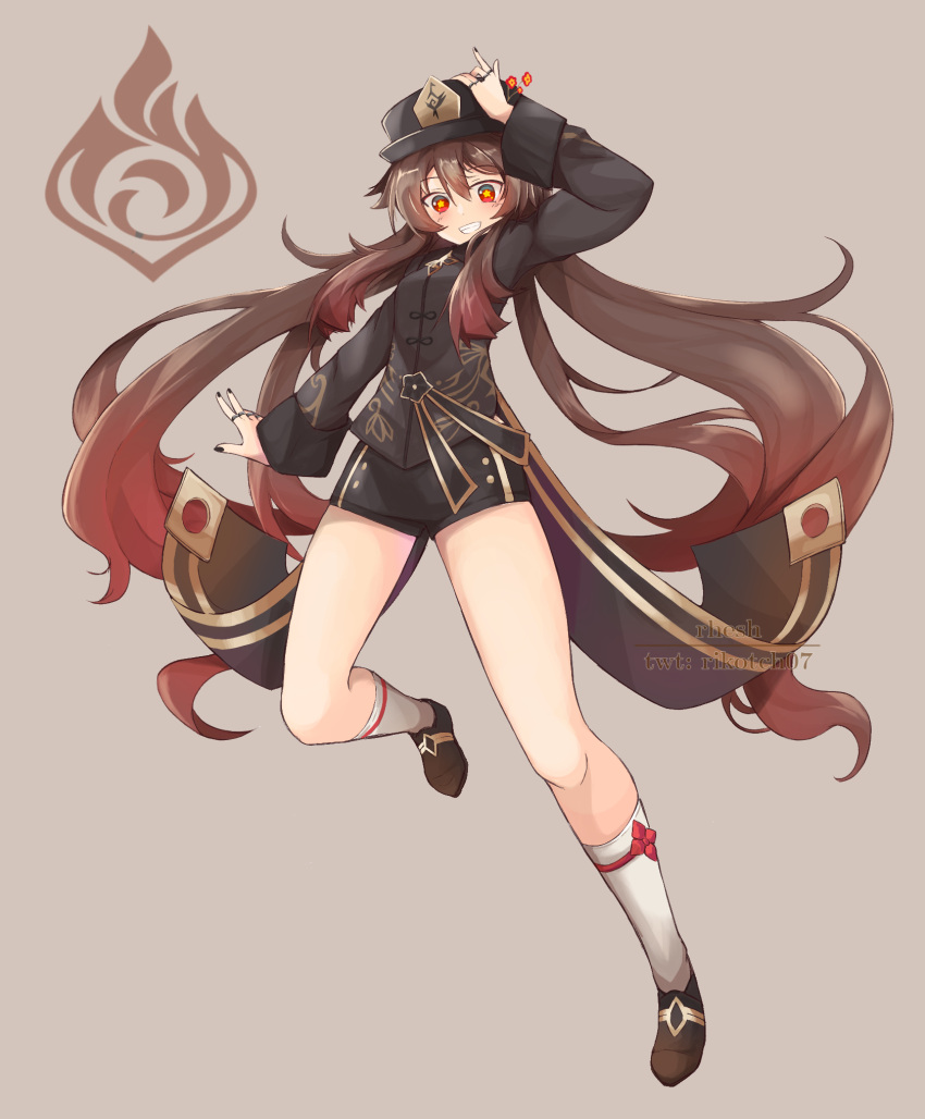 1girl arm_up black_footwear black_headwear black_nails black_shirt black_shorts brown_background brown_hair chinese_clothes flower full_body genshin_impact gradient_hair grin hat hat_flower highres hu_tao jewelry kneehighs long_hair long_sleeves looking_at_viewer multicolored_hair multiple_rings nail_polish plum_blossoms red_eyes rhesh_relanah ring shirt shoes short_shorts shorts simple_background smile solo star-shaped_pupils star_(symbol) symbol-shaped_pupils thighs twintails very_long_hair vision_(genshin_impact) waist_cape white_legwear