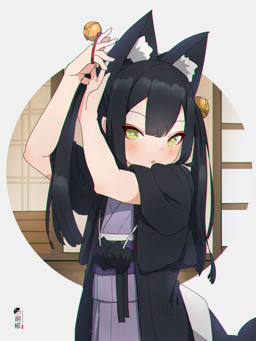 1girl :o animal_ear_fluff animal_ears bangs bell black_hair blush commentary_request eyebrows_visible_through_hair fox_ears fox_girl fox_tail green_eyes grey_background hair_bell hair_between_eyes hair_ornament highres japanese_clothes jingle_bell kimono kuro_kosyou long_hair looking_at_viewer obi open_clothes original parted_lips purple_kimono sash short_sleeves solo tail twintails tying_hair upper_body wide_sleeves yui_(kuro_kosyou)