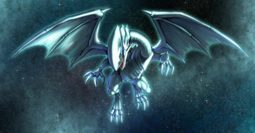 blue-eyes_white_dragon blue_eyes blue_outline claws d.chikusou dragon glowing highres no_humans open_mouth outline sharp_teeth space sparkle star_(sky) talons teeth tongue torn torn_wings wings