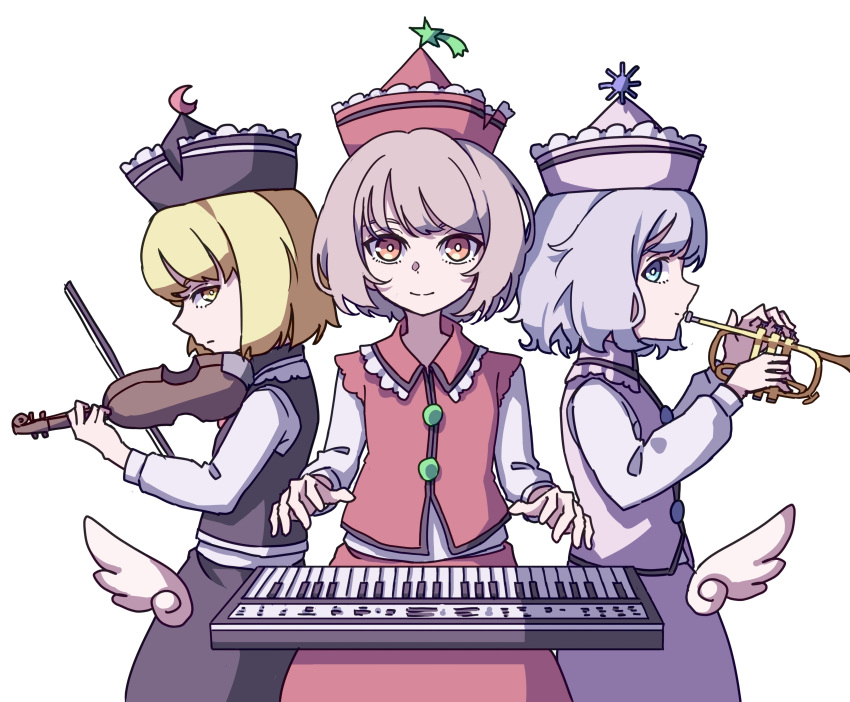 3girls absurdres bangs black_headwear black_skirt black_vest blonde_hair blue_eyes bow bow_(instrument) bright_pupils brown_hair buttons closed_mouth cowboy_shot crescent_moon eyebrows_behind_hair falling_star frilled_hat frills from_side grey_hair hat highres holding holding_instrument instrument kame_(kamepan44231) keyboard_(instrument) long_sleeves looking_at_viewer lunasa_prismriver lyrica_prismriver merlin_prismriver moon multiple_girls music pink_headwear pink_skirt pink_vest playing_instrument red_eyes red_headwear red_skirt red_vest shirt short_hair simple_background skirt skirt_set smile standing touhou trumpet vest violin white_background white_shirt wings yellow_eyes