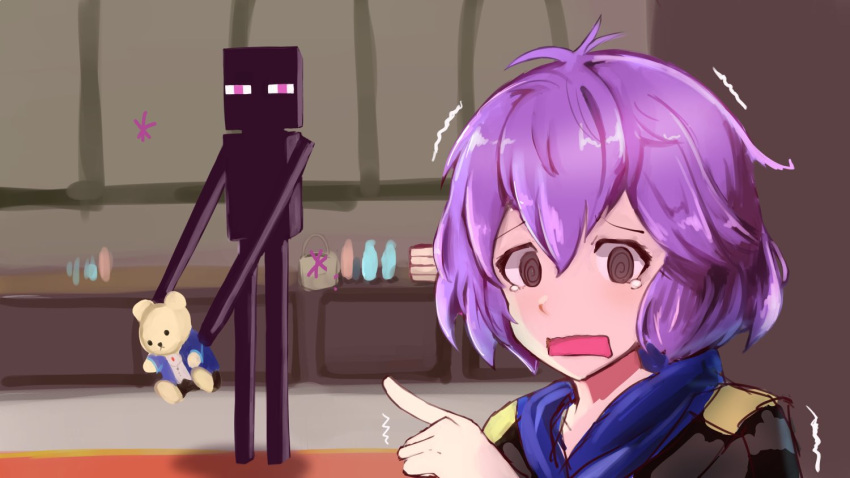 1girl @_@ bernadetta_von_varley enderman fire_emblem fire_emblem:_three_houses garreg_mach_monastery_uniform grey_eyes hirotaka_(hrtk990203) minecraft open_mouth purple_hair short_hair solo stuffed_animal stuffed_toy teddy_bear uniform