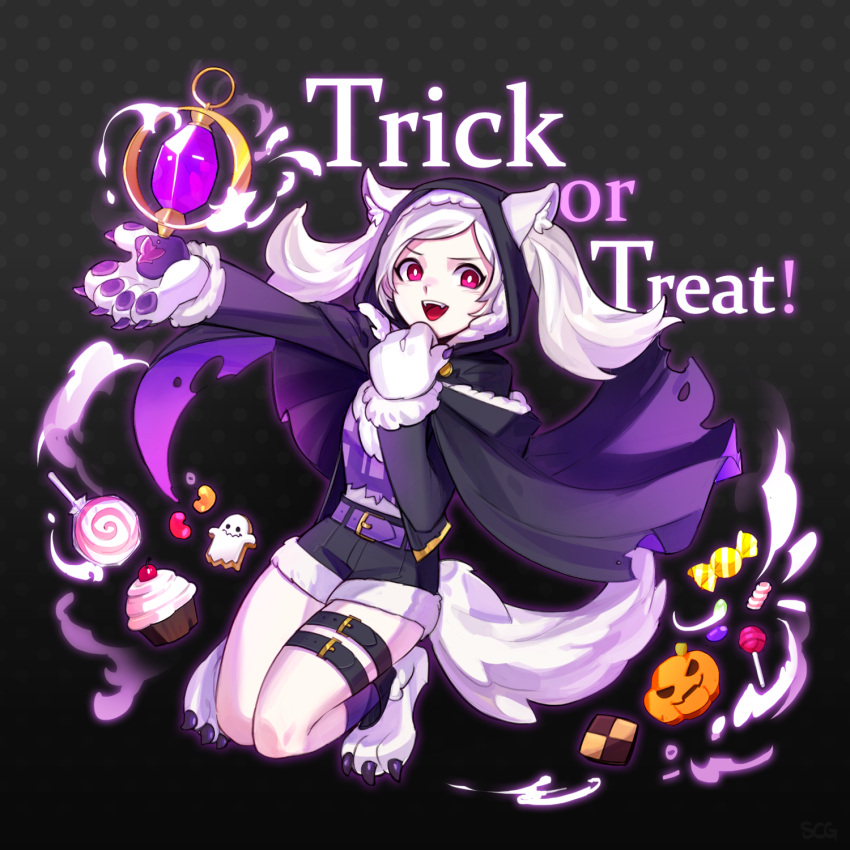 1girl animal_ears belt candy cookie cupcake fire_emblem fire_emblem_awakening fire_emblem_heroes food full_body fur_trim gloves grima_(fire_emblem) halloween_costume highres lollipop long_sleeves open_mouth paw_gloves paws red_eyes robin_(fire_emblem) robin_(fire_emblem)_(female) shorts silvercandy_gum solo tail thigh_strap trick_or_treat twintails white_hair wolf_ears wolf_tail