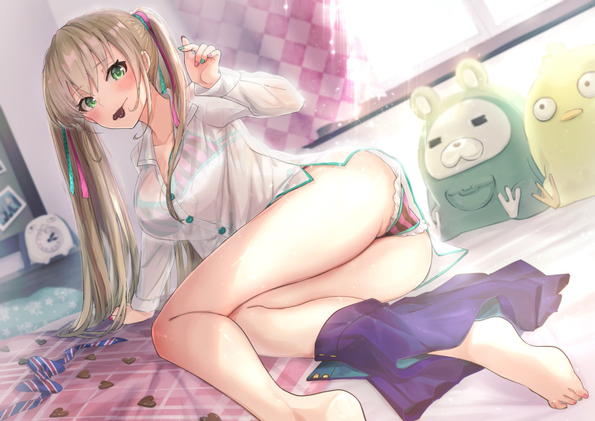 1girl aqua_ribbon ass bangs bare_legs barefoot bed blonde_hair blush breasts candy chocolate chocolate_heart chocolate_on_face clock closed_mouth collarbone eyebrows_visible_through_hair food food_on_face green_nails hair_between_eyes hair_ornament hair_ribbon hand_up hands_up heart highres kachin long_sleeves looking_at_viewer lying nail_polish on_side original pink_nails pink_ribbon ribbon shirt skirt skirt_around_one_leg skirt_removed smile solo toy twintails underwear valentine white_shirt