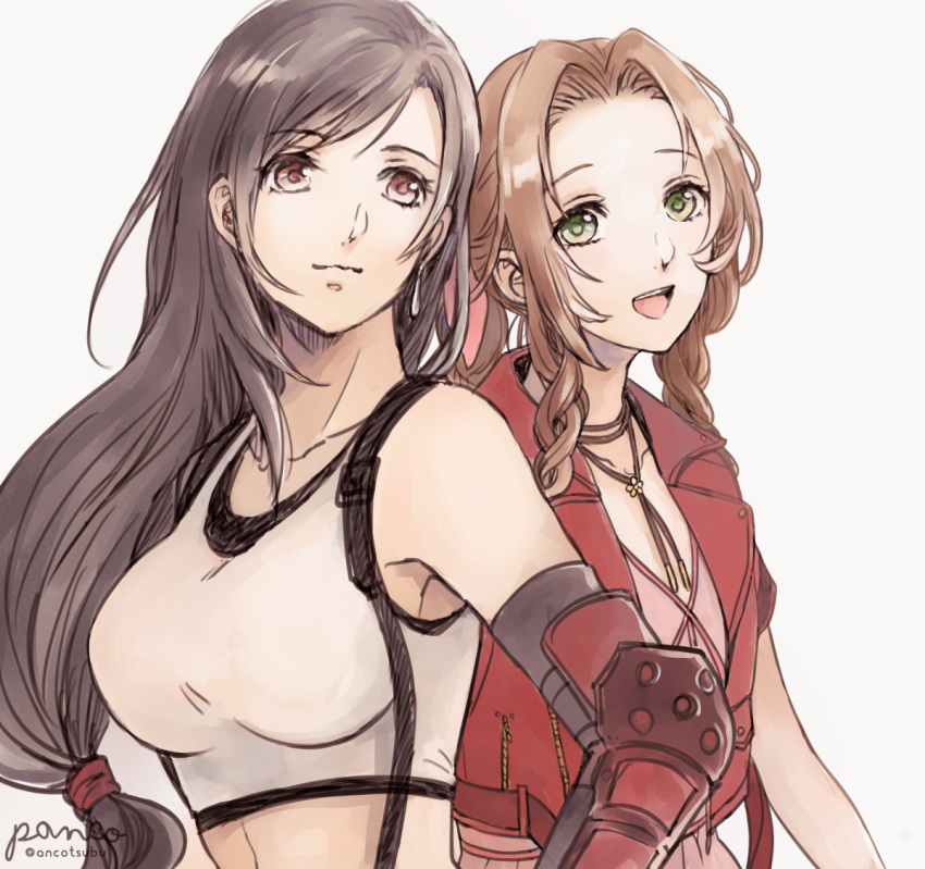 2girls :d aerith_gainsborough ancotsubu artist_name black_bra bra breasts brown_hair closed_mouth collarbone crop_top earrings elbow_pads eyebrows_visible_through_hair final_fantasy final_fantasy_vii final_fantasy_vii_remake green_eyes jacket jewelry large_breasts long_hair looking_at_viewer looking_away low-tied_long_hair multiple_girls open_mouth parted_hair red_eyes red_jacket shirt smile sports_bra suspenders tifa_lockhart twitter_username underwear upper_body upper_teeth white_shirt