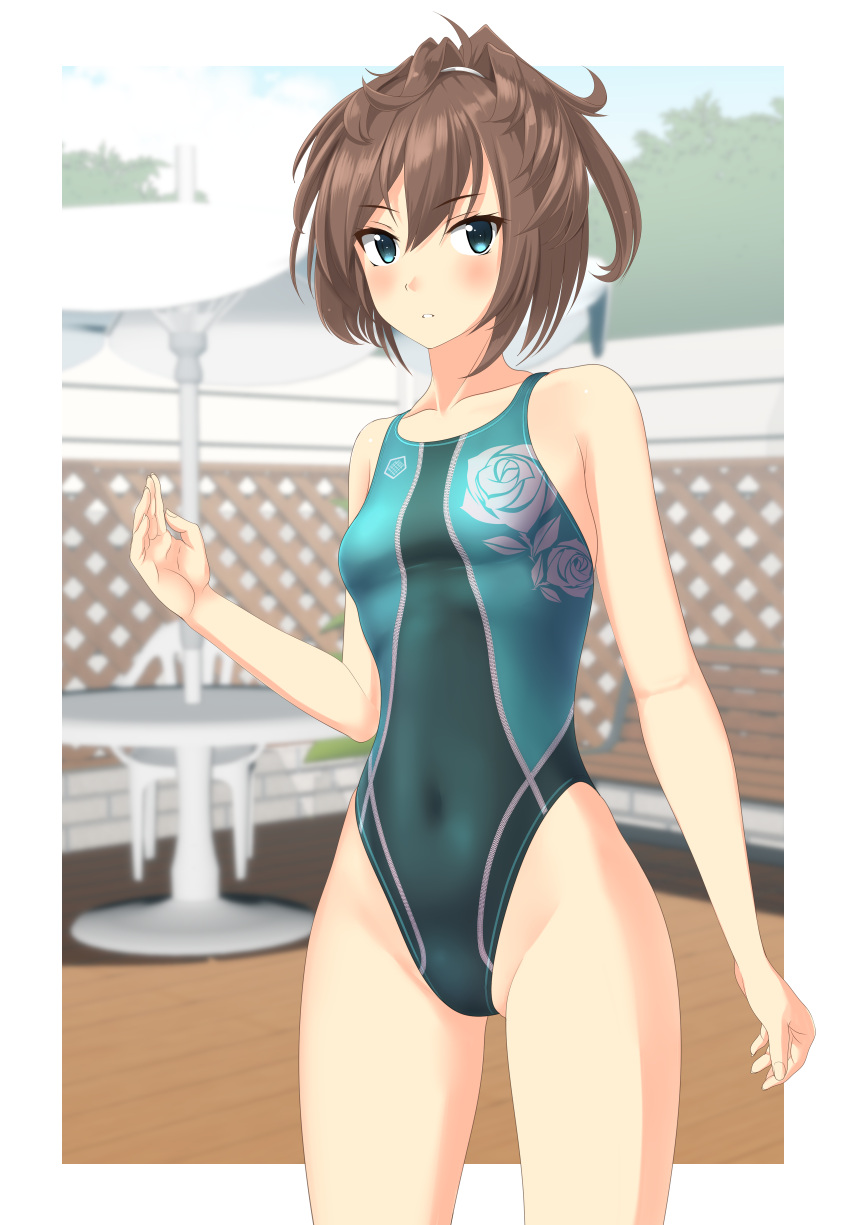 1girl absurdres beach_umbrella blue_eyes blue_sky blurry breasts brown_hair chair clouds commentary_request competition_swimsuit covered_navel cowboy_shot day depth_of_field fence floral_print green_swimsuit highleg highleg_swimsuit highres kantai_collection long_hair looking_at_viewer messy_hair one-piece_swimsuit outdoors parted_lips sheffield_(kancolle) sky small_breasts solo standing swimsuit table takafumi umbrella white_umbrella