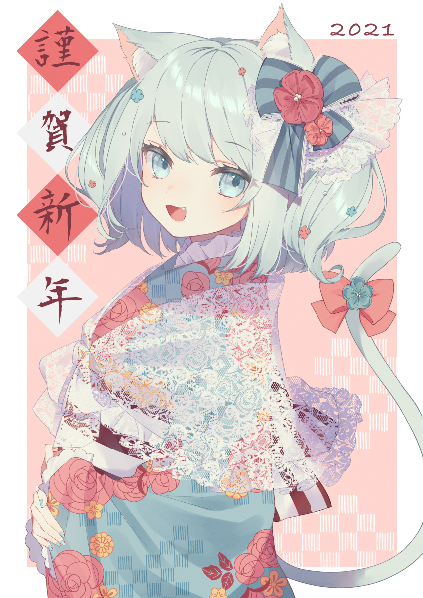 1girl 2021 absurdres animal_ears bangs blue_bow blue_eyes blue_nails bow cat_ears cat_girl cat_tail eyebrows_visible_through_hair fang floral_print flower hair_bow hair_flower hair_ornament highres hinakano_h huge_filesize japanese_clothes kimono lace light_blue_hair long_sleeves looking_at_viewer medium_hair nail_polish open_mouth original pink_bow shawl shiny shiny_hair solo tail tail_bow tail_ornament translation_request two_side_up upper_body