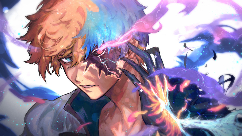 1boy aura blue_eyes claws collarbone dragon_install embers glowing glowing_eyes guilty_gear guilty_gear_strive heterochromia highres jacket jacket_on_shoulders ky_kiske lightning looking_at_viewer male_focus nijimaarc open_mouth parted_lips shaded_face simple_background solo upper_body veins white_background white_jacket