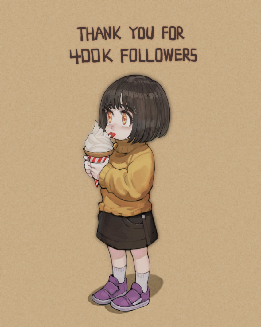 1girl brown_hair commentary eating english_text eyebrows_visible_through_hair food highres holding holding_food ice_cream ice_cream_cone jun_(seojh1029) milestone_celebration original shoes short_hair simple_background skirt snot socks soft_serve sparkling_eyes sweater tears thank_you tongue tongue_out yellow_sweater