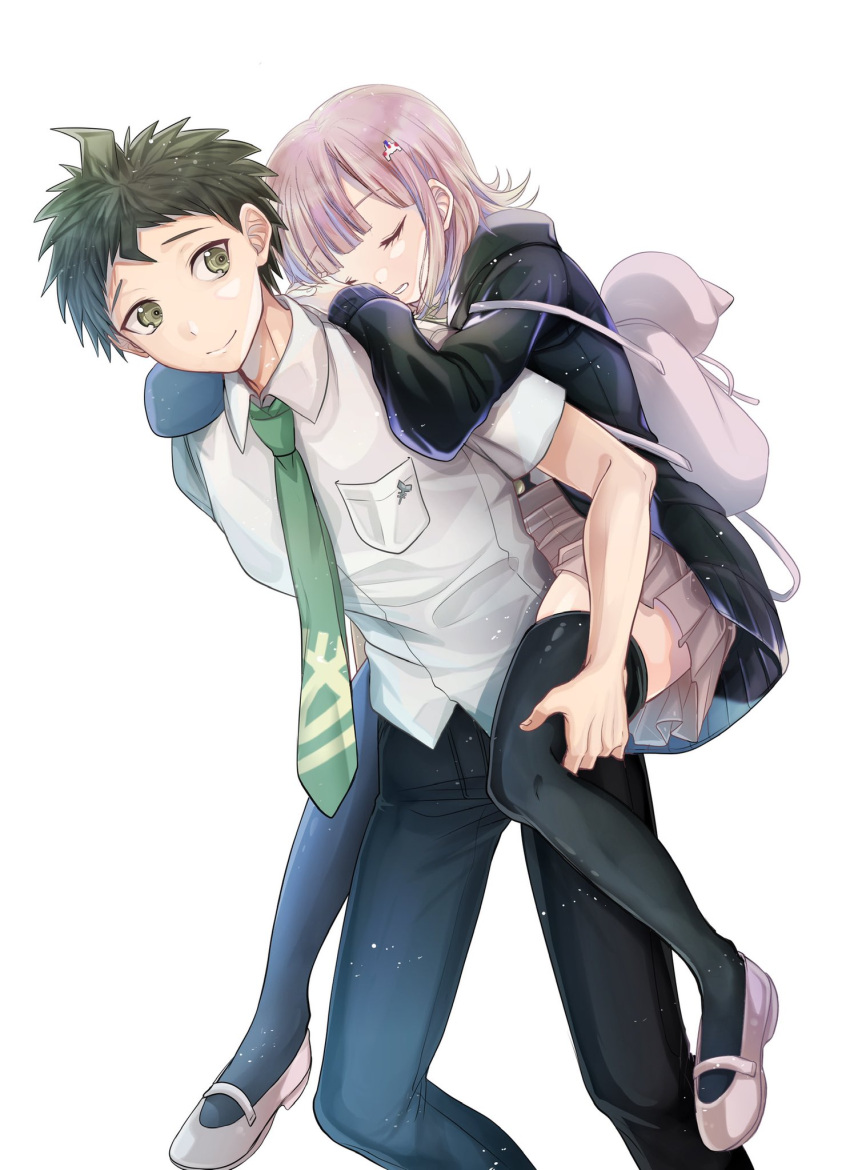 1boy 1girl ahoge backpack bag bangs black_jacket black_legwear black_pants brown_eyes brown_hair brown_skirt carrying cat_bag closed_eyes collared_shirt commentary_request dangan_ronpa_(series) dangan_ronpa_2:_goodbye_despair feet_out_of_frame green_neckwear hair_ornament hairclip highres hinata_hajime hood hood_down jacket long_sleeves looking_at_another mary_janes medium_hair miniskirt murasaki_(deceive138) nanami_chiaki necktie pants piggyback pink_bag pink_hair pleated_skirt shirt shoes short_hair short_sleeves simple_background skirt sleeping smile thigh-highs white_background