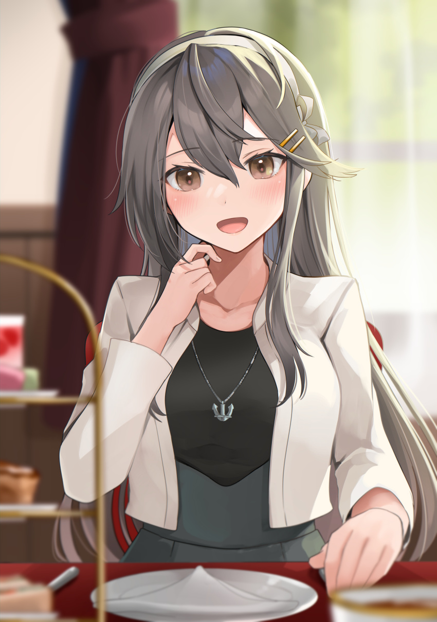 1girl absurdres black_hair brown_eyes casual collarbone commentary food grey_skirt hair_between_eyes hair_ornament hairclip haruna_(kancolle) highres indoors jacket jewelry kantai_collection long_hair looking_at_viewer mitsukoshi_(department_store) necklace open_clothes open_jacket open_mouth plate sitting skirt smile solo tiered_tray white_jacket yunamaro