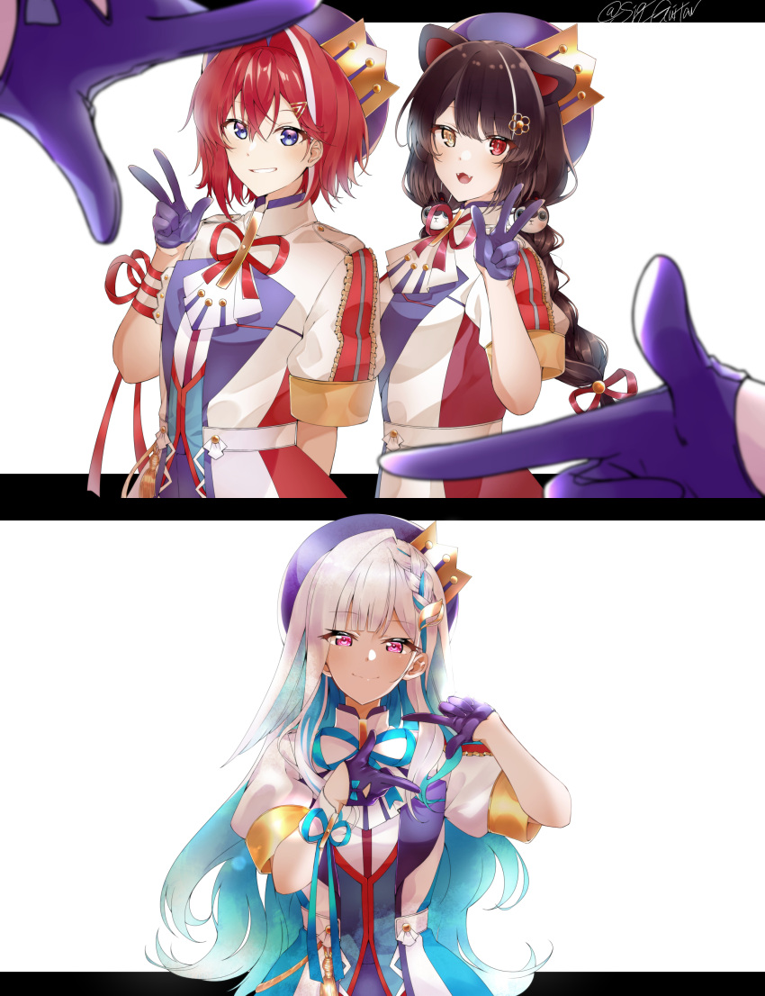 3girls absurdres ange_katrina animal_ears blue_bow blue_eyes blue_headwear bow braid colored_inner_hair dog_ears dog_girl dog_hair_ornament fang gloves hair_bow hand_gesture hat heterochromia highres idol_clothes inui_toko lize_helesta long_hair looking_at_viewer matching_outfit multicolored_hair multiple_girls nijisanji open_mouth pov red_bow red_eyes redhead shigure_(sigre) short_hair smile twin_braids violet_eyes virtual_youtuber yellow_eyes