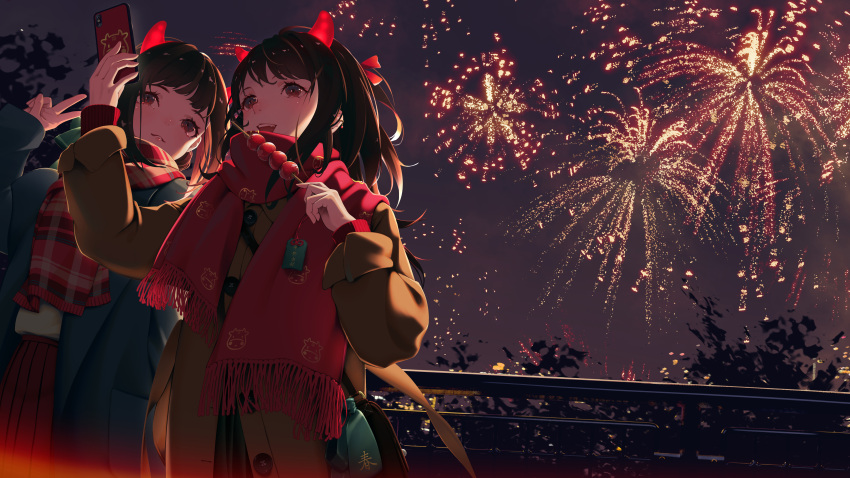 2girls :d absurdres black_hair blue_coat brown_coat brown_eyes buttons cellphone coat cowboy_shot dango earrings fake_horns fang fireworks food green_skirt headband highres horns jewelry long_hair long_sleeves looking_at_object multiple_girls new_year night open_mouth original outdoors phone plaid plaid_scarf railing red_scarf red_skirt red_sweater scarf scenery self_shot sidelocks skirt smartphone smile sweater v wagashi zhuang_yao