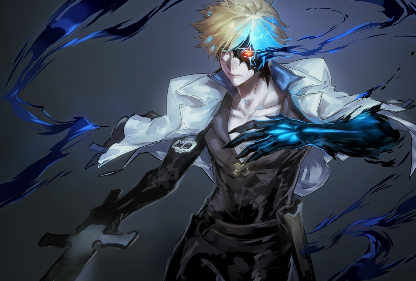 1boy aura belt blue_eyes claws closed_mouth collarbone dragon_install glowing glowing_eyes guilty_gear guilty_gear_strive heterochromia highres holding holding_weapon jacket jacket_on_shoulders kin_mokusei ky_kiske looking_at_viewer male_focus multicolored_hair pectorals serious sheath short_hair simple_background solo sword weapon white_jacket