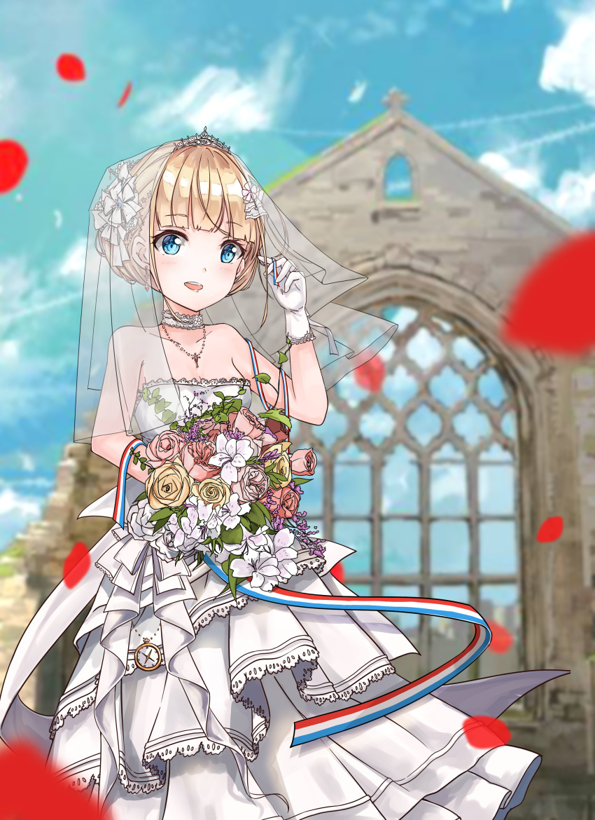 1girl :d absurdres adjusting_clothes adjusting_headwear alternate_costume arm_up azur_lane bare_shoulders blue_sky blurry bouquet bow bridal_veil building choker church clouds cloudy_sky collarbone commentary_request depth_of_field dress eyebrows_visible_through_hair flower frilled_dress frills gloves hair_bow hair_ribbon highres holding holding_bouquet jewelry le_triomphant_(azur_lane) looking_at_viewer necklace off-shoulder_dress off_shoulder open_mouth petals reflection ribbon rose short_hair sidelocks sky smile solo tiara veil wedding_dress white_dress white_gloves wind window zidong_fanmai_jii_o3