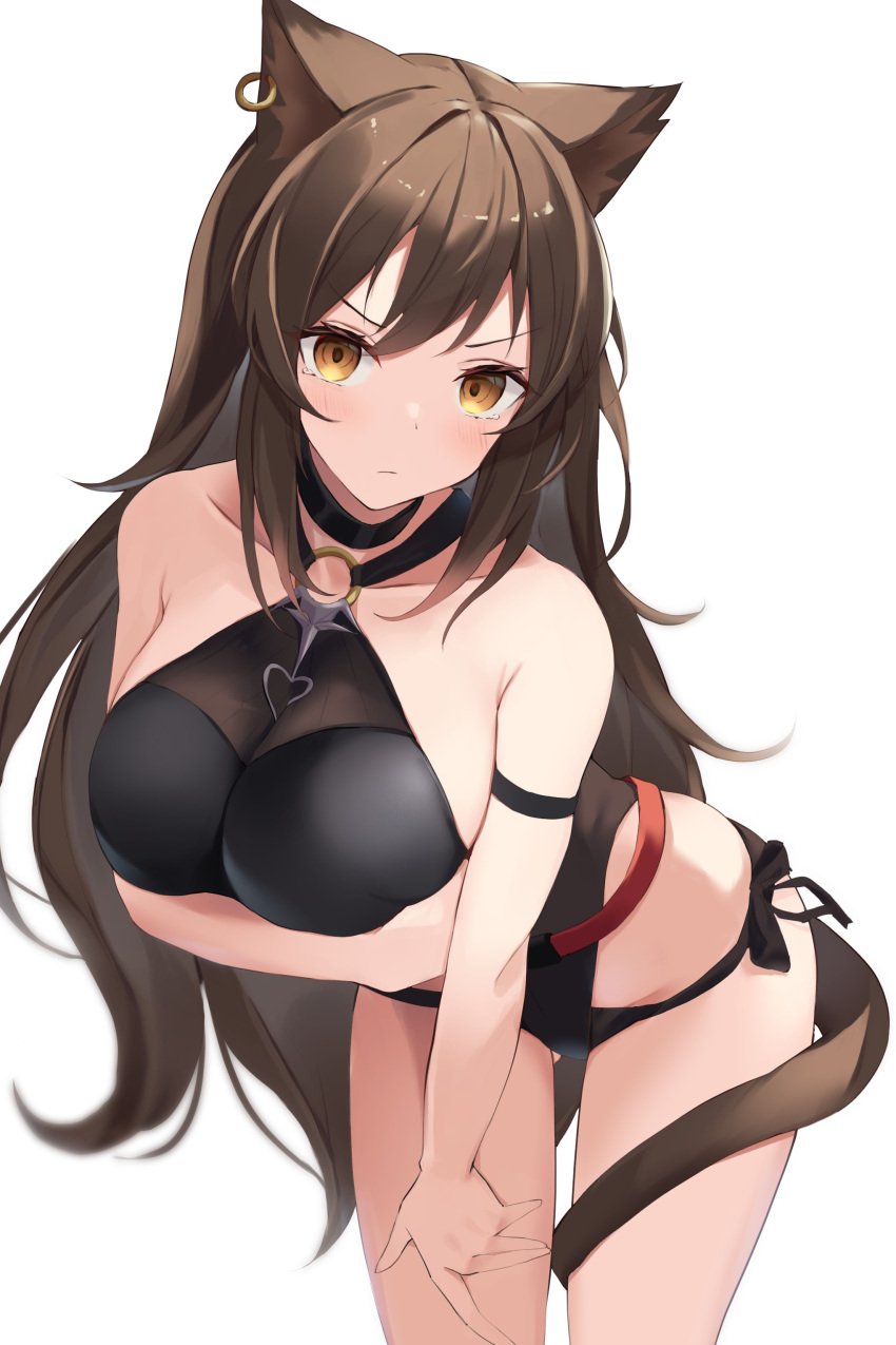 1girl :/ absurdres animal_ears arknights arm_strap arm_under_breasts bangs bare_arms bare_shoulders black_choker black_leotard black_swimsuit blush breasts brown_eyes brown_hair cat_ears cat_tail choker closed_mouth collarbone commentary cowboy_shot cropped_legs earrings frown highres jewelry large_breasts leaning_forward leotard long_hair looking_at_viewer mizu_(lzzrwi603) o-ring o-ring_swimsuit simple_background single_earring skyfire_(arknights) skyfire_(temperature_difference)_(arknights) solo standing swimsuit tail thighs very_long_hair white_background