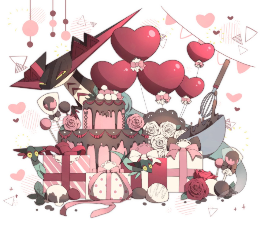 alu_drp balloon bow box commentary_request dragapult dreepy flower gen_8_pokemon gift gift_box heart highres mixing_bowl no_humans pink_bow pink_ribbon pokemon pokemon_(creature) red_flower ribbon whisk