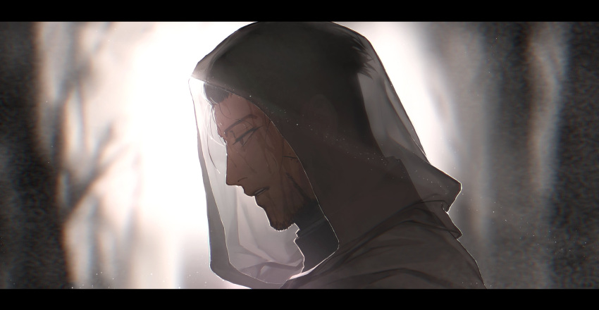 1boy absurdres black_hair blurry blurry_background brown_eyes cape close-up collar collared_jacket commentary_request dajuzawan facial_hair from_side golden_kamuy hair_slicked_back hair_strand highres hood hood_up hooded_cape light_particles looking_away male_focus ogata_hyakunosuke parted_lips scar scar_on_cheek scar_on_face see-through short_hair solo stubble sunlight undercut wet white_cape