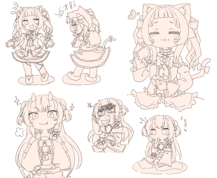 2girls animal_ears backpack bag blush cat_ears cat_girl chibi eating fang gothic_lolita hololive horns lolita_fashion long_hair monochrome multiple_girls murasaki_shion nakiri_ayame oni oni_horns randoseru simple_background smile tonton_(tonz159) virtual_youtuber white_background