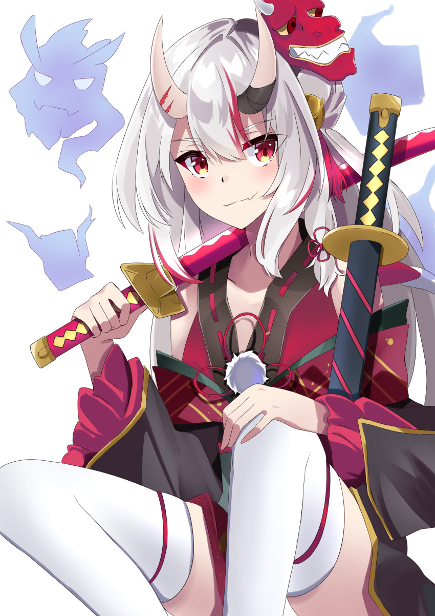 1girl absurdres bangs blush commentary_request eyebrows_visible_through_hair fang hair_between_eyes hand_on_own_knee highres holding holding_sword holding_weapon hololive horns housei_fenoru japanese_clothes katana kimono long_hair looking_at_viewer mask mask_on_head multicolored_hair nakiri_ayame oni_horns oni_mask red_eyes red_kimono redhead sheath sheathed sidelocks simple_background sitting skin_fang solo sword thigh-highs two-tone_hair virtual_youtuber weapon white_background white_hair white_legwear zettai_ryouiki