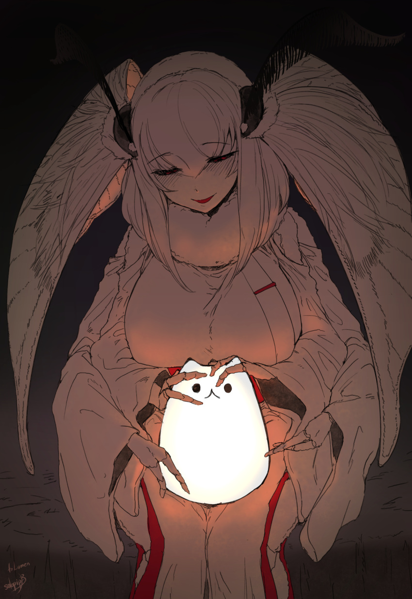 1girl antennae black_sclera blush breasts colored_sclera colored_skin extra_arms eyebrows_visible_through_hair fewer_digits fur_collar highres holding huge_breasts illumination insect_girl insect_wings lamp long_sleeves mashiro_(solopipb) monster_girl moth_girl moth_wings open_mouth original red_eyes signature sitting solo solopipb white_hair white_skin wide_sleeves wings