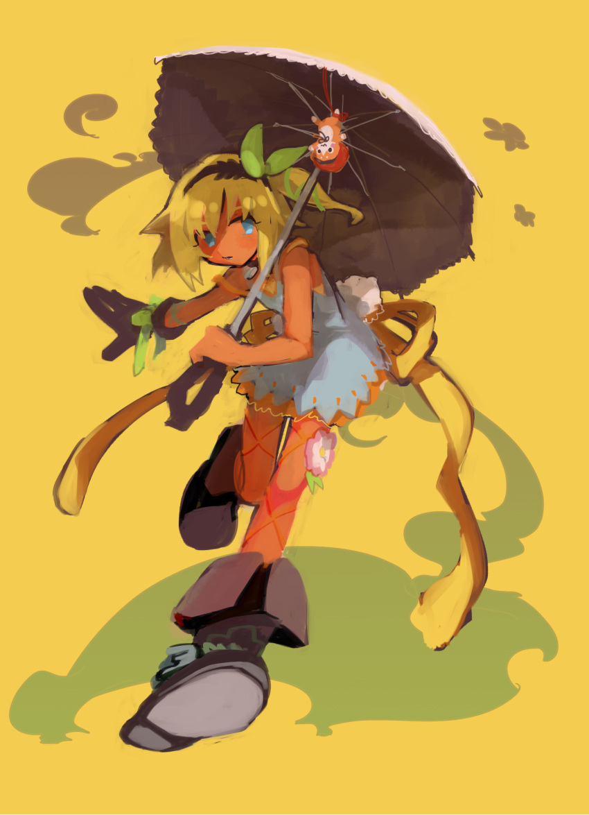 1girl bangs black_choker black_footwear black_gloves black_hairband blonde_hair blue_eyes boots choker dress edna_(tales) flat_chest flower full_body gloves green_ribbon hair_between_eyes hair_ribbon hairband highres holding holding_umbrella leaf leg_up nichi_(hibi_suimin) no_pupils normin_(tales) one_side_up open_mouth outstretched_arm ribbon short_dress short_hair simple_background solo strap_slip tales_of_(series) tales_of_zestiria teeth umbrella white_dress white_umbrella yellow_background