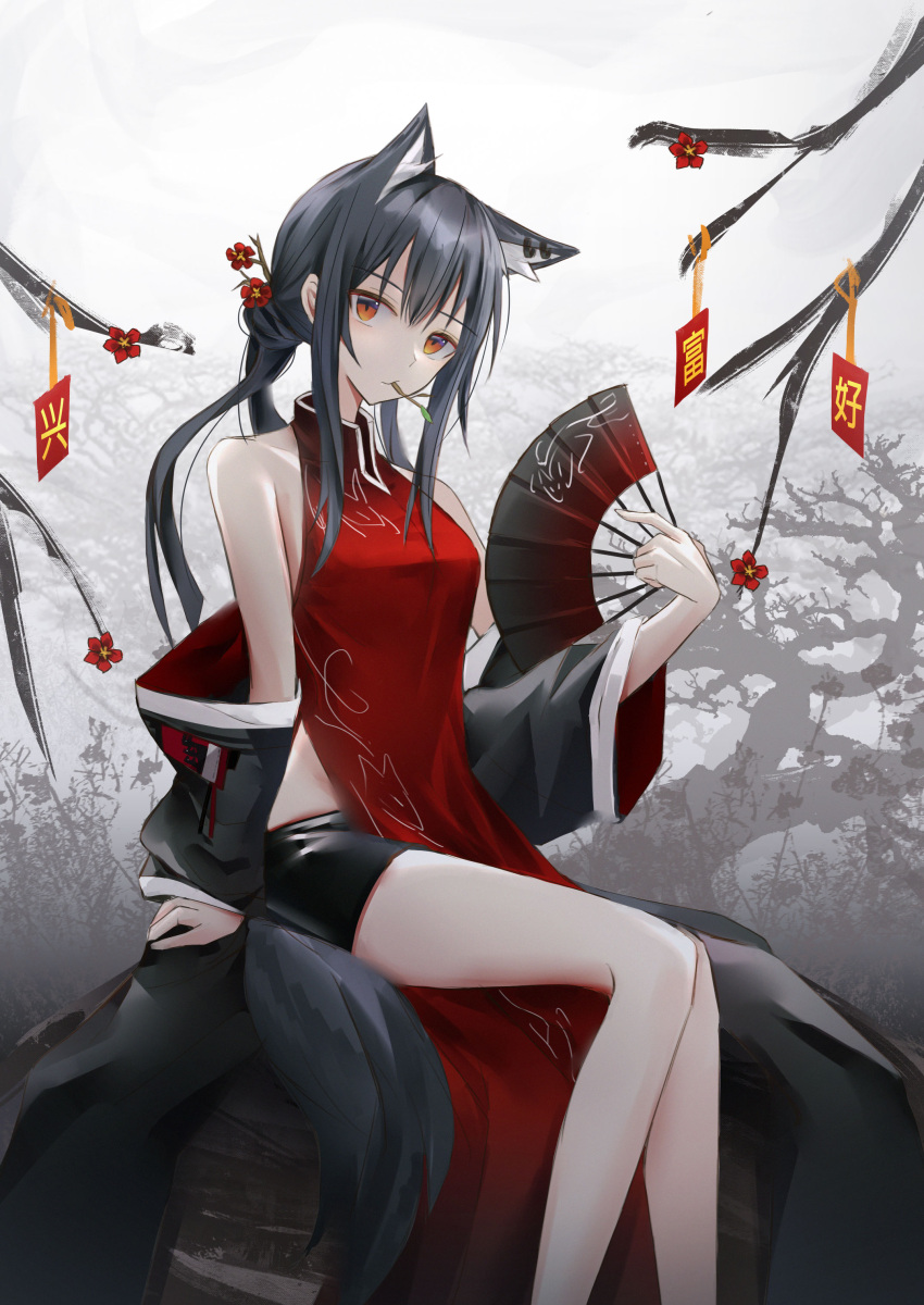 0_(znanimo) 1girl absurdres alternate_costume animal_ear_fluff animal_ears arknights arm_at_side bangs bare_legs bare_shoulders bare_tree black_coat black_hair black_shorts closed_mouth coat dress extra_ears eyebrows_visible_through_hair fan feet_out_of_frame flower folding_fan highres holding holding_fan long_hair long_sleeves looking_at_viewer mouth_hold open_clothes open_coat pelvic_curtain red_dress red_eyes red_flower shorts sidelocks sitting solo tail texas_(arknights) translation_request tree wolf_ears wolf_girl wolf_tail