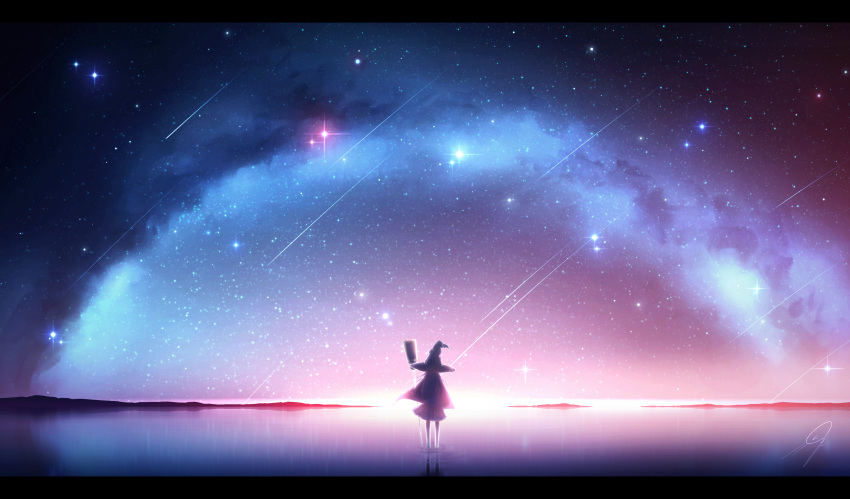 1girl broom commentary_request from_behind galaxy hat highres horizon kijineko letterboxed long_hair milky_way night night_sky original outdoors reflection ripples scenery shooting_star signature skirt sky standing standing_on_liquid star_(sky) starry_sky wide_shot witch witch_hat