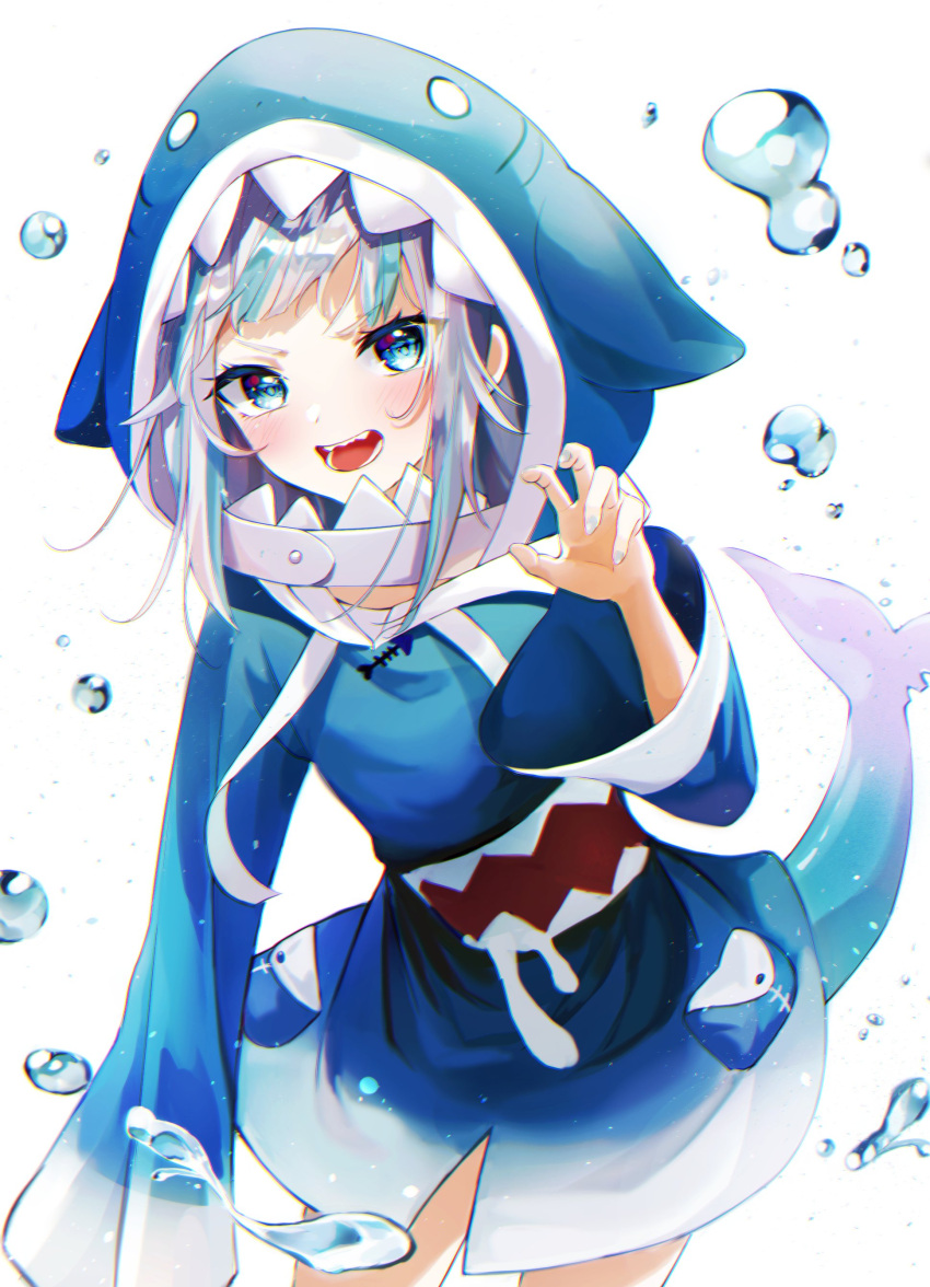 1girl absurdres animal_costume animal_hood bangs blue_eyes blue_hair blue_hoodie blush bubble claw_pose cowboy_shot fish_tail gao gawr_gura grey_nails highres hololive hololive_english hood hood_up hoodie lisi long_hair long_sleeves looking_at_viewer multicolored_hair nail_polish open_mouth shark_costume shark_girl shark_hood shark_tail sidelocks silver_hair simple_background sleeves_past_wrists solo streaked_hair tail teeth virtual_youtuber white_background