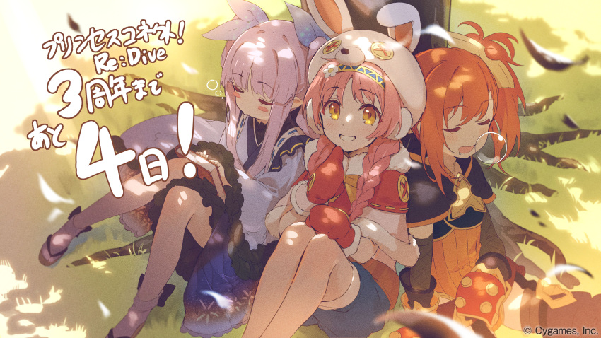 3girls absurdres animal_hood book braid braided_ponytail closed_eyes earmuffs frilled_skirt frills highres hood kyouka_(princess_connect!) mimi_(princess_connect!) misogi_(princess_connect!) mittens multiple_girls official_art orange_hair pink_hair princess_connect! princess_connect!_re:dive purple_hair sandals side_ponytail skirt sleeping socks twintails yellow_eyes