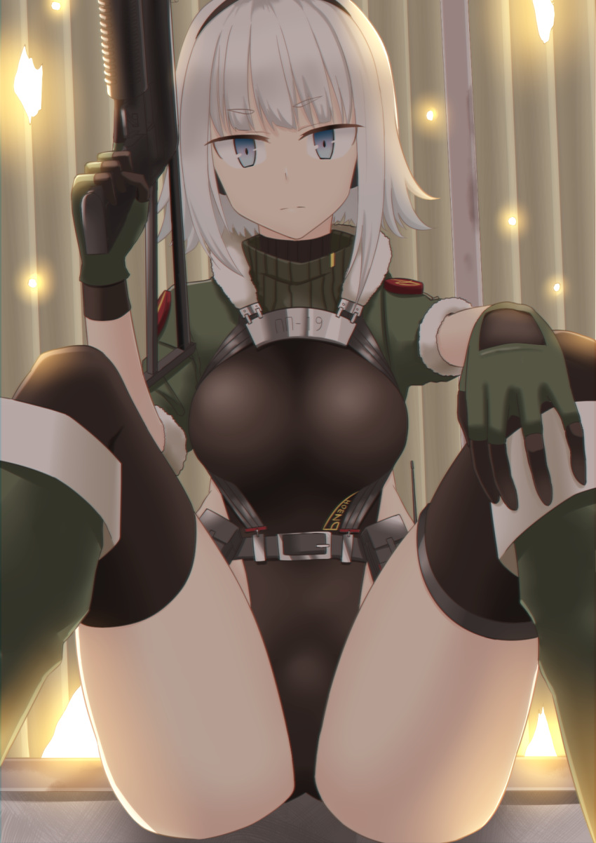 1girl blue_eyes breasts expressionless eyebrows_visible_through_hair girls_frontline gloves gun highleg highleg_leotard highres large_breasts leotard opp pp-19_(girls_frontline) pp-19_bizon short_hair sitting solo submachine_gun weapon white_hair