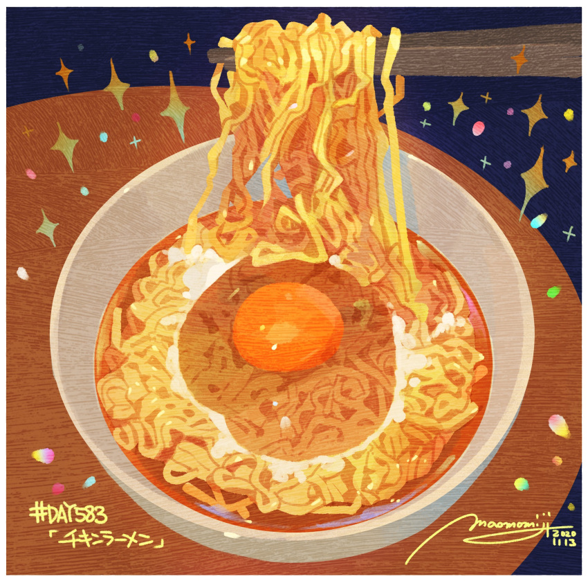 bowl chopsticks egg egg_yolk food food_focus highres momiji_mao no_humans noodles original realistic signature simple_background soup sparkle still_life