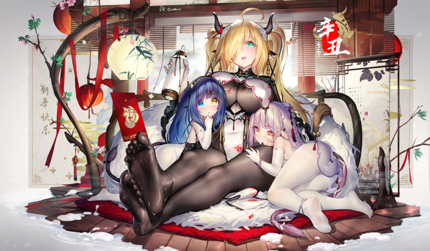 3girls absurdres black_legwear blonde_hair blue_eyes bodystocking bodysuit breasts character_request copyright_request dk.senie elbow_gloves feet full_body gloves green_eyes hair_over_one_eye heterochromia highres huge_breasts long_hair looking_at_viewer multiple_girls no_shoes pantyhose smile soles thigh-highs thighs twintails underwear wet wet_clothes white_gloves white_legwear yellow_eyes