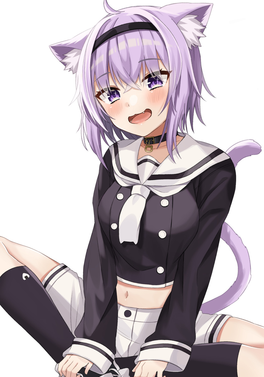 1girl :d absurdres ahoge animal_collar animal_ear_fluff animal_ears bangs black_collar black_shirt blush breasts cat_ears cat_girl cat_tail collar commentary_request eyebrows_visible_through_hair fang feet_together hair_between_eyes highres hololive kneehighs long_sleeves looking_at_viewer medium_breasts midriff moonbell navel nekomata_okayu open_mouth purple_hair sailor_collar shirt short_hair short_sleeves shorts simple_background sitting sleeves_past_wrists smile solo spread_legs tail violet_eyes virtual_youtuber white_background white_neckwear white_sailor_collar white_shorts