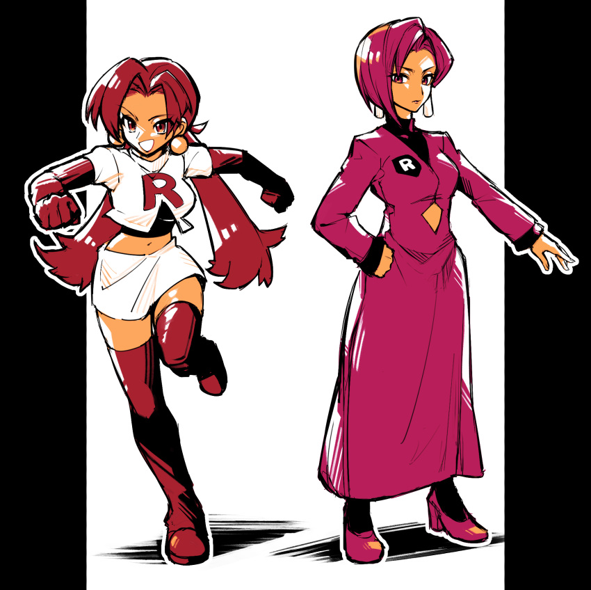 2girls akihorisu bangs boots brown_footwear clenched_hands closed_mouth commentary_request crop_top earrings elbow_gloves eyelashes gloves high_heels highres jewelry long_hair long_sleeves multiple_girls navel parted_bangs pokemon pokemon_(game) pokemon_gsc purple_footwear redhead short_hair skirt smile standing standing_on_one_leg team_rocket team_rocket_executive team_rocket_grunt team_rocket_uniform thigh-highs thigh_boots twintails white_skirt