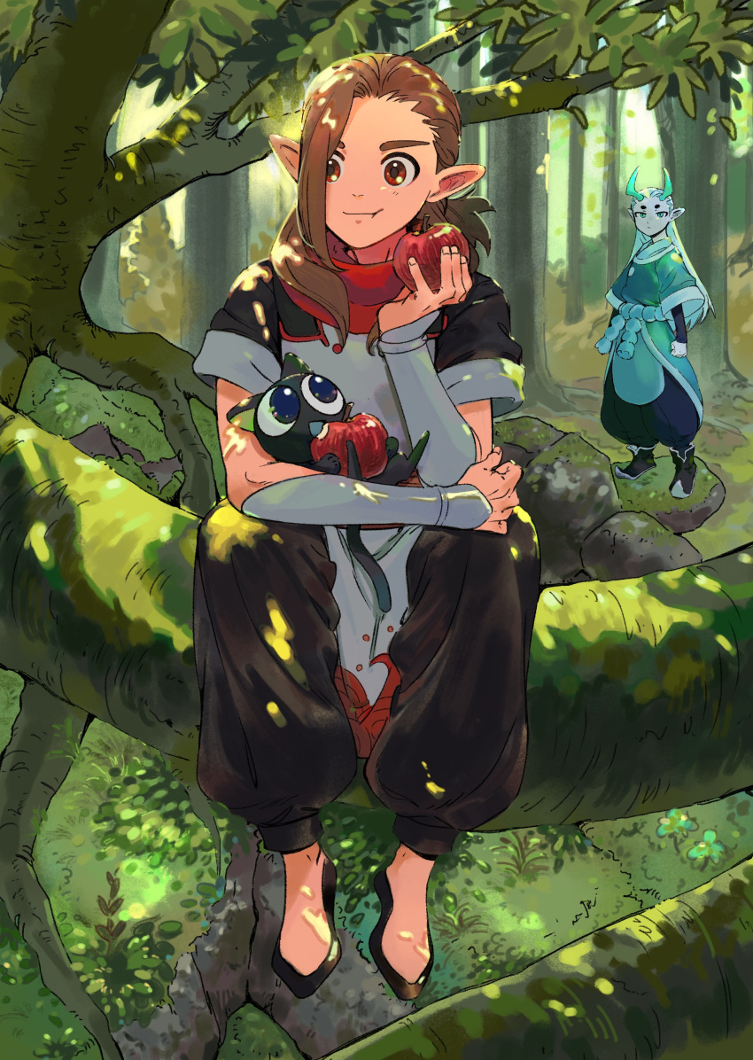 0oizuo0 3boys absurdres apple aqua_hair black_cat black_eyes black_pants brown_hair cat dappled_sunlight eating food fruit full_body highres leaf long_hair luoxiaohei luozhu_(the_legend_of_luoxiaohei) multiple_boys nature outdoors pants pointy_ears short_sleeves sitting sunlight the_legend_of_luo_xiaohei tree xuhuai_(the_legend_of_luoxiaohei)