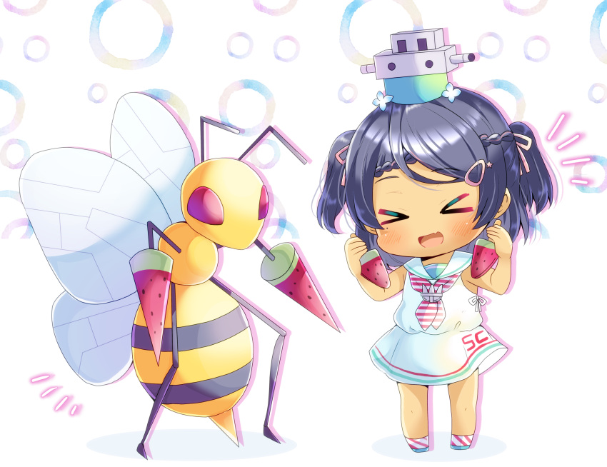 &gt;_&lt; 1girl :d bare_arms bare_shoulders beedrill black_hair blush braid chibi crossover dress fang food gen_1_pokemon hair_ornament hair_ribbon hairclip highres holding holding_food kantai_collection kouu_hiyoyo mole mole_under_eye notice_lines open_mouth pink_ribbon pokemon pokemon_(creature) popsicle ribbon sailor_collar sailor_dress scirocco_(kancolle) shadow sleeveless sleeveless_dress smile standing star_(symbol) star_hair_ornament striped striped_neckwear two_side_up watermelon_bar white_background white_dress white_sailor_collar xd