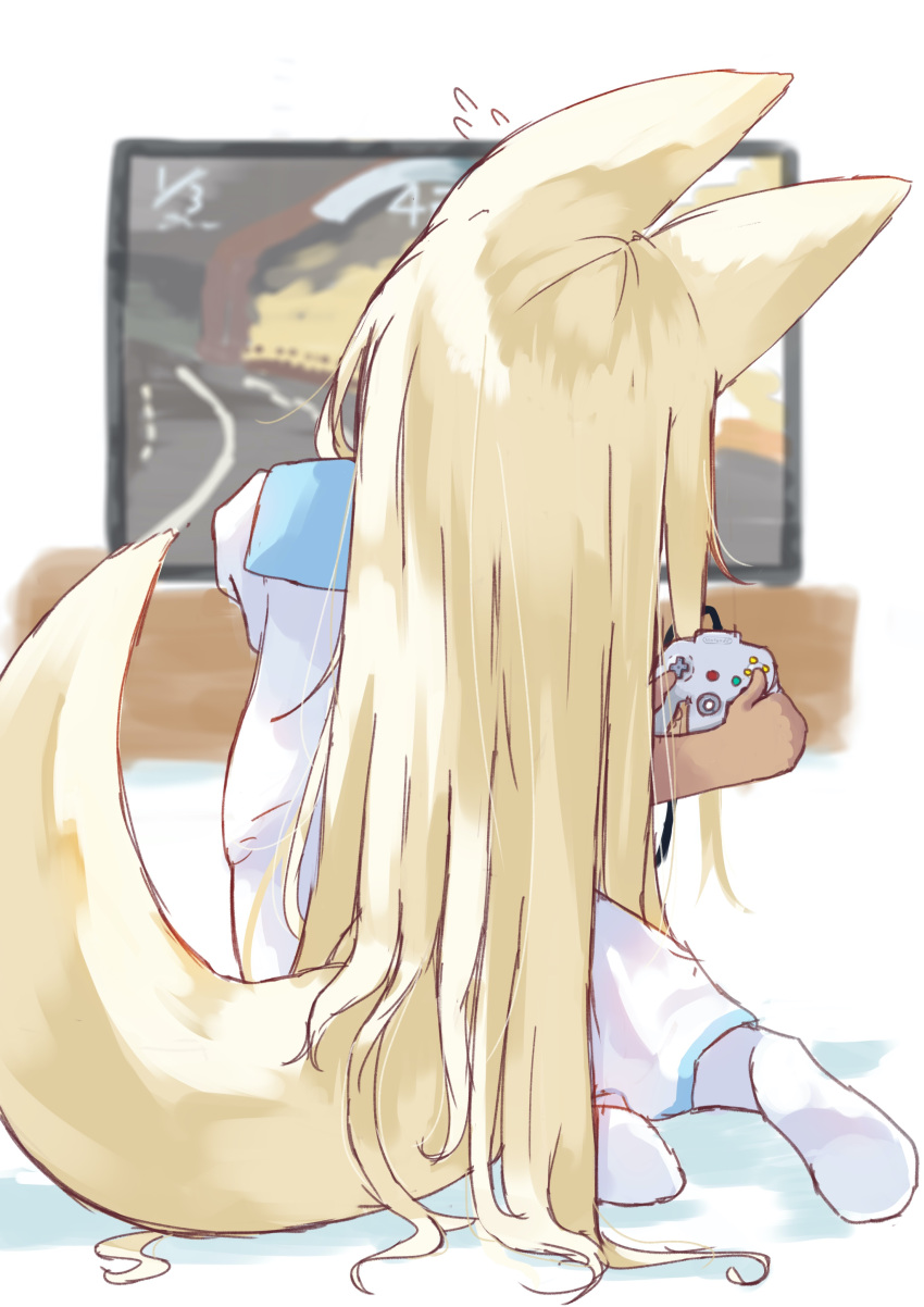 1girl absurdres animal_ears blonde_hair controller dress flying_sweatdrops fox_ears fox_tail from_behind full_body game_controller gamepad head_tilt highres long_hair manabe_mana original playing_games sailor_dress sitting sketch tail video_game