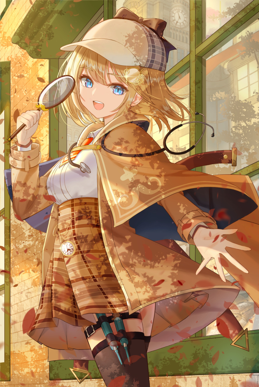 1girl :d bad_anatomy blonde_hair blue_eyes commentary_request cowboy_shot from_side hat highres hololive hololive_english inari_(ambercrown) open_mouth short_hair smile solo traditional_media watercolor_(medium) watson_amelia