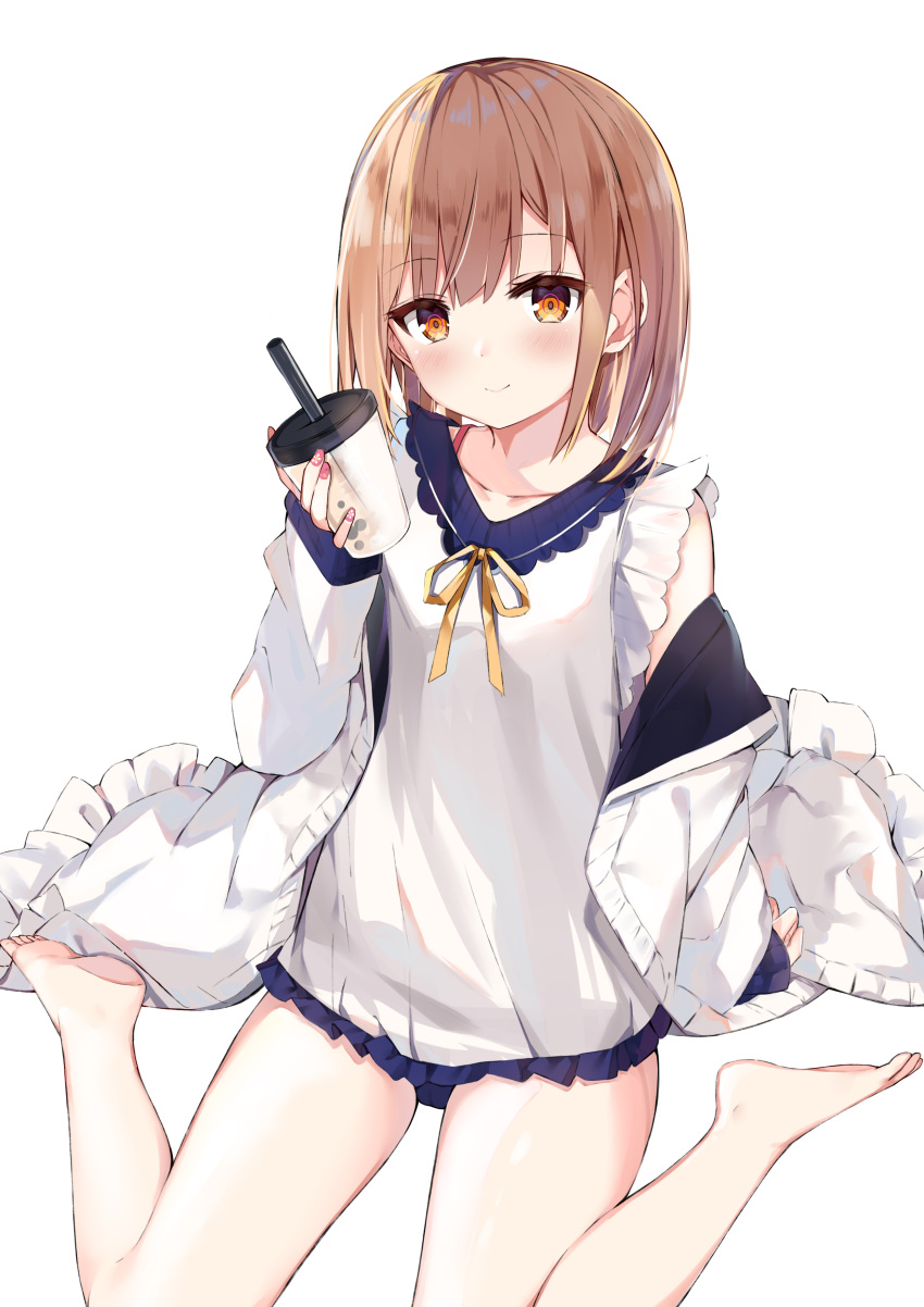 1girl absurdres bangs bare_legs barefoot blue_sailor_collar brown_hair bubble_tea closed_mouth collarbone cup disposable_cup dress drinking_straw eyebrows_visible_through_hair frilled_dress frills fuyuki030 highres holding holding_cup jacket looking_at_viewer nail_polish neck_ribbon off_shoulder open_clothes open_jacket original red_eyes red_nails ribbon sailor_collar simple_background sitting sleeveless sleeveless_dress smile solo wariza white_background white_dress white_jacket yellow_ribbon