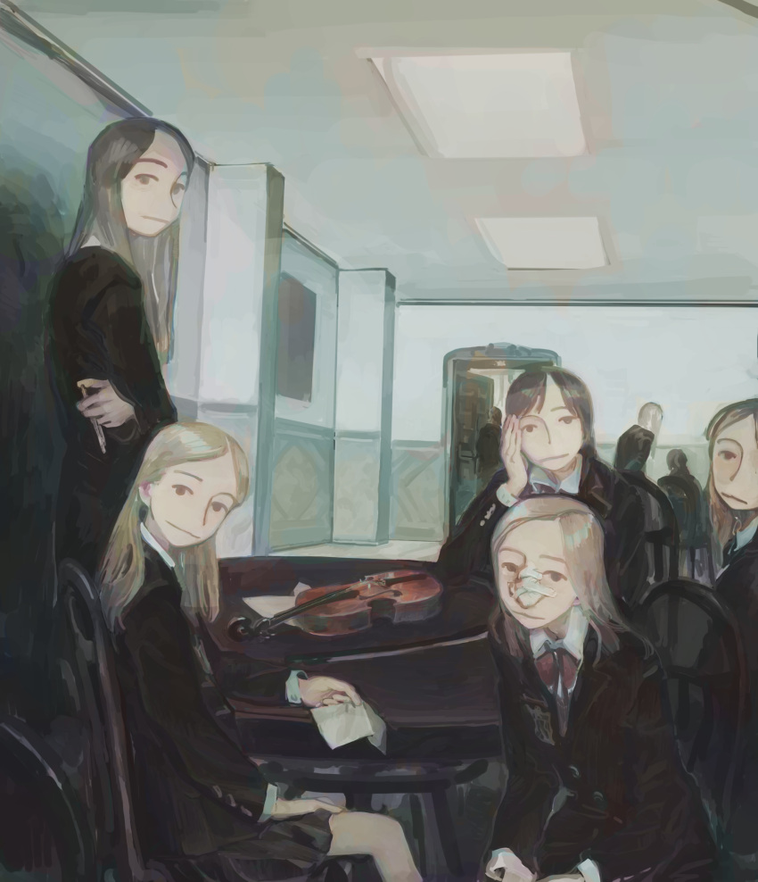 5girls black_hair black_jacket black_skirt blonde_hair chair collared_shirt highres indoors instrument jacket long_sleeves looking_at_viewer multiple_girls original red_neckwear season_(artist) shirt sitting skirt standing table violin white_shirt