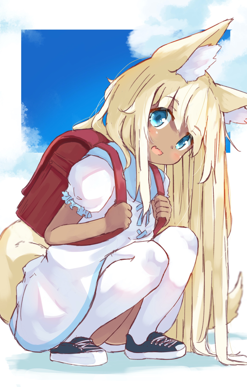 1girl :d absurdres animal_ear_fluff animal_ears backpack bag blonde_hair blue_eyes dark_skin dress fox_ears fox_tail full_body highres long_hair looking_at_viewer manabe_mana open_mouth original puffy_short_sleeves puffy_sleeves randoseru sailor_dress short_sleeves smile squatting tail thigh-highs white_legwear