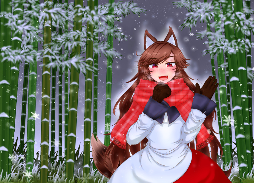 1girl animal_ear_fluff animal_ears bamboo bamboo_forest blush brown_gloves brown_hair brown_tail checkered checkered_scarf dress eyebrows_visible_through_hair fangs forest gloves highres imaizumi_kagerou knnet long_hair looking_at_viewer multicolored multicolored_clothes multicolored_dress nature night open_mouth outdoors red_dress red_eyes red_scarf scarf smile snow snowflakes snowing solo tail touhou very_long_hair waving white_dress wolf_ears wolf_girl wolf_tail