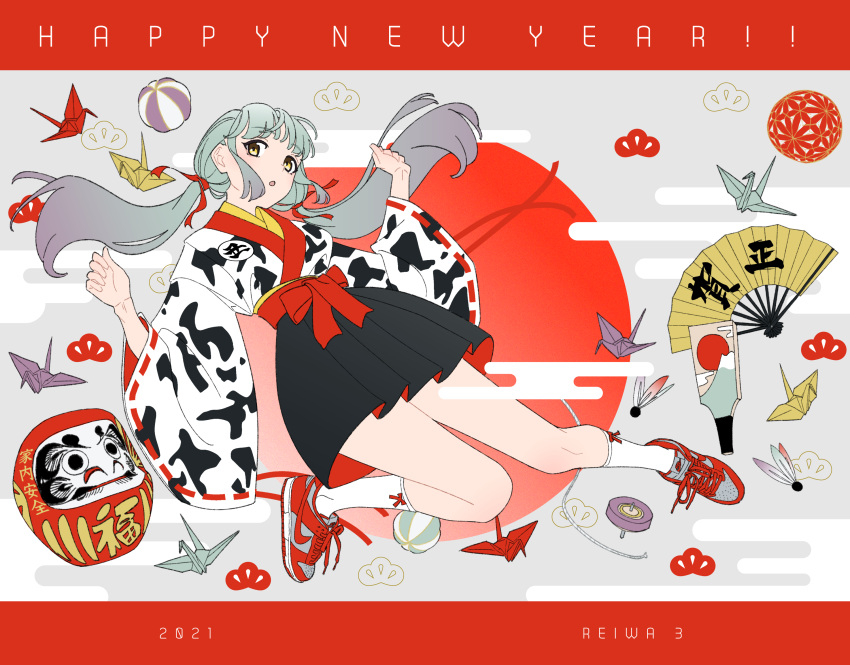 1girl 2021 acubi_tomaranai animal_print bangs black_skirt bug cow_print daruma_doll egasumi fan grey_hair hands_up happy_new_year highres insect long_hair long_sleeves new_year origami original paper_crane parted_lips pleated_skirt red_ribbon ribbon ribbon_trim shoes skirt socks solo spinning_top twintails white_legwear wide_sleeves yellow_eyes