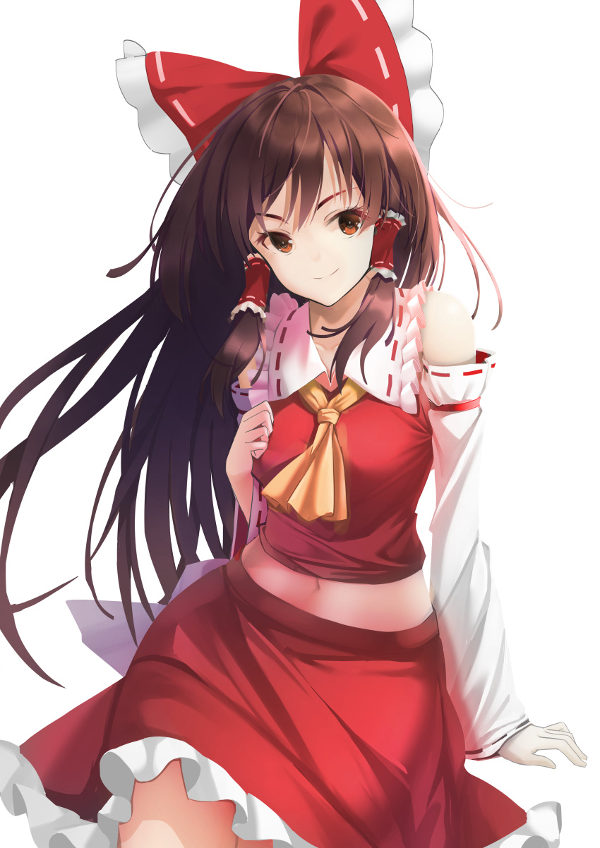 1girl absurdres arm_support ascot bangs bare_shoulders bow breasts brown_eyes brown_hair closed_mouth commentary_request cowboy_shot detached_sleeves frilled_shirt_collar frills hair_bow hair_tubes hakurei_reimu hand_on_own_chest highres kuma-ra long_hair looking_at_viewer midriff navel petticoat red_bow red_skirt red_vest ribbon-trimmed_sleeves ribbon_trim sidelocks simple_background sitting skirt skirt_set small_breasts smile solo touhou v-shaped_eyebrows very_long_hair vest white_background yellow_neckwear
