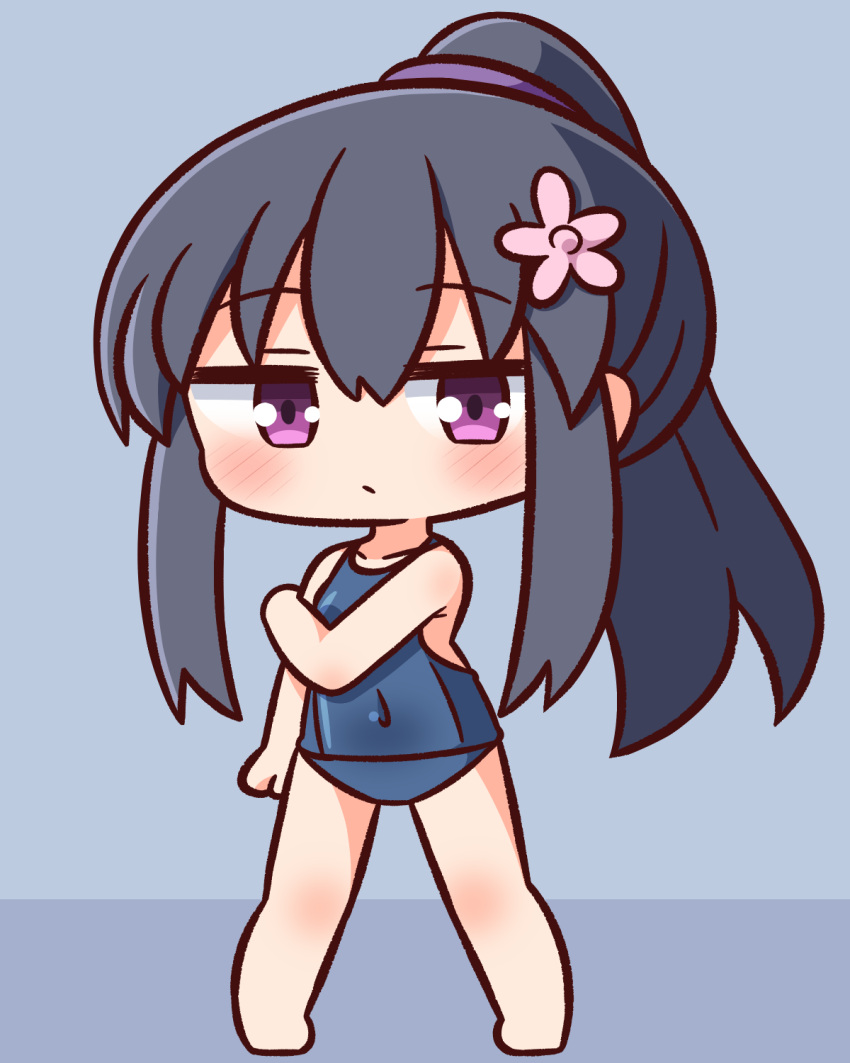 1girl bangs bare_arms bare_legs bare_shoulders barefoot black_hair blue_background blue_swimsuit blush closed_mouth collarbone commentary_request covered_navel eyebrows_visible_through_hair flower full_body hair_between_eyes hair_flower hair_ornament hana_kazari highres long_hair looking_at_viewer old_school_swimsuit one-piece_swimsuit pink_flower ponytail school_swimsuit shirosaki_hana sidelocks solo standing swimsuit very_long_hair violet_eyes watashi_ni_tenshi_ga_maiorita!