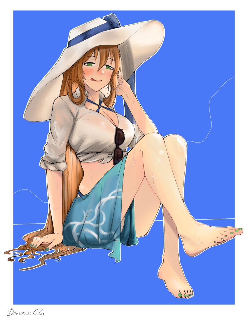 1girl artist_name bare_legs barefoot blue_background blush breasts darkpulsegg eyebrows_visible_through_hair eyewear_removed girls_frontline green_eyes hat highres long_hair looking_at_viewer m1903_springfield_(girls_frontline) nail_polish orange_hair sitting solo sun_hat swimwear tongue tongue_out white_headwear
