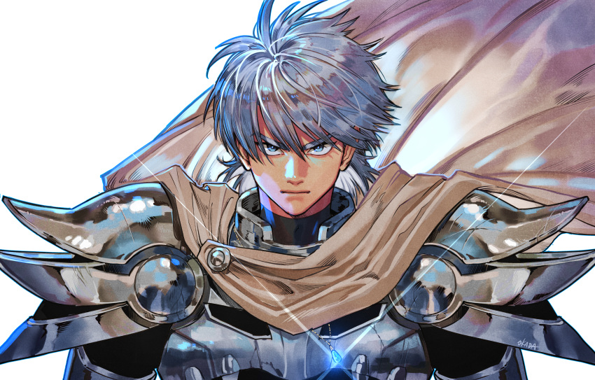 1boy armor bangs black_bodysuit blue_eyes bodysuit brown_cape cape closed_mouth commentary_request dragon_quest dragon_quest_dai_no_daibouken floating_cape glint hair_between_eyes highres hyunkel jewelry looking_at_viewer male_focus necklace okada_(hoooojicha) pendant serious short_hair shoulder_armor signature silver_hair simple_background solo upper_body v-shaped_eyebrows white_background