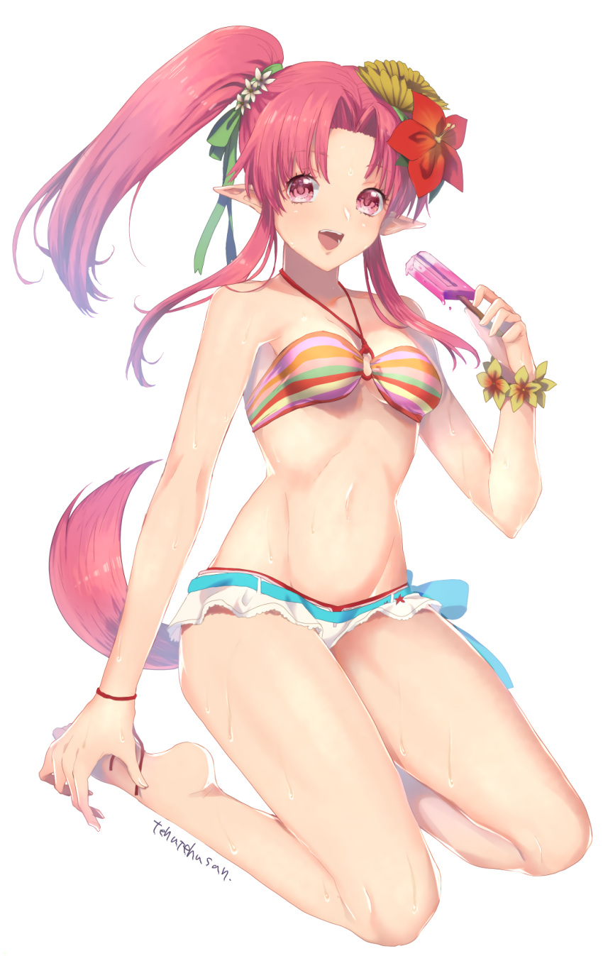 1girl breasts hair_ribbon highres long_hair looking_at_viewer millie_chliette murata_tefu open_mouth pink_eyes pink_hair pointy_ears ponytail ribbon simple_background smile solo star_ocean star_ocean_anamnesis star_ocean_first_departure tail white_background